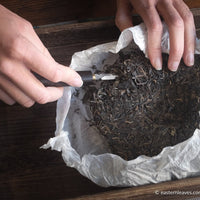 Cutting Pu'er shengpu Chinese tea pressed cake brick vintage and aged, 2008 spring harvest, from Yiwu in Yunnan